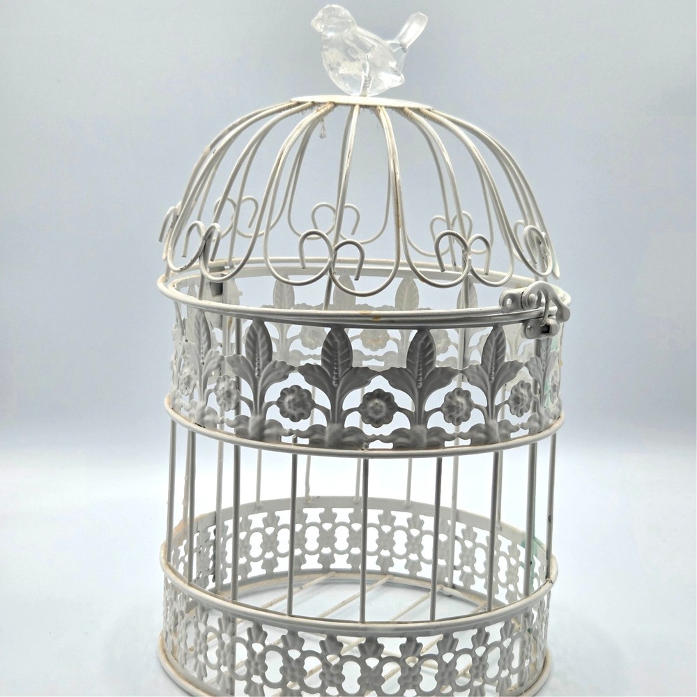 Vintage White Metal Bird‎ Cage with Crystal Clear Bird on Top Cottagecore